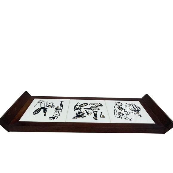1950s Wood Framed 3 Tile Sansco Japan Serving‎ ,wall decor, Barware Mid Century - Picture 8 of 11